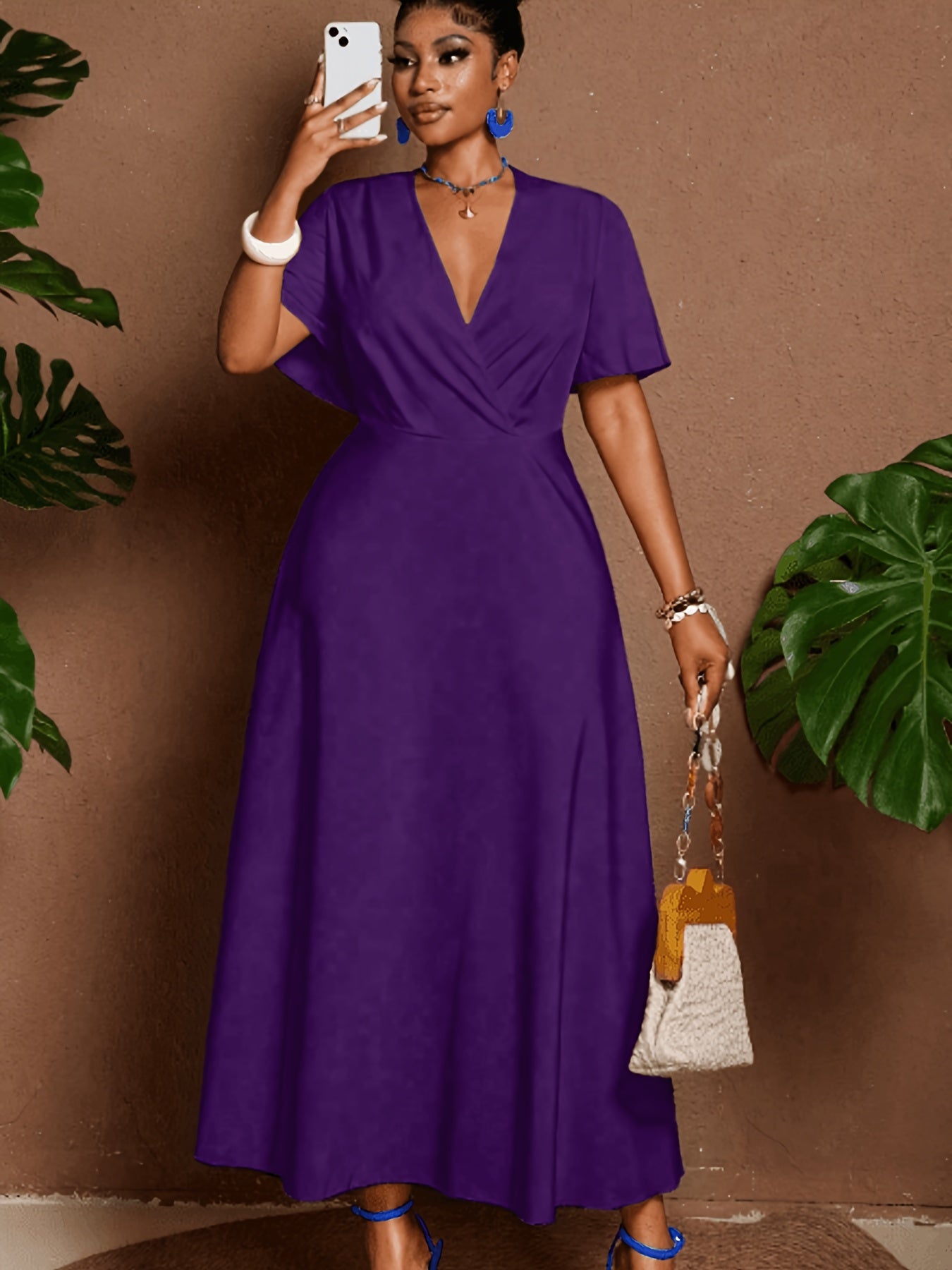 Solid Fitted-Bodice Flowy V-Neck Maxi Dress — Graceful Structure, Occasion-Ready Elegance