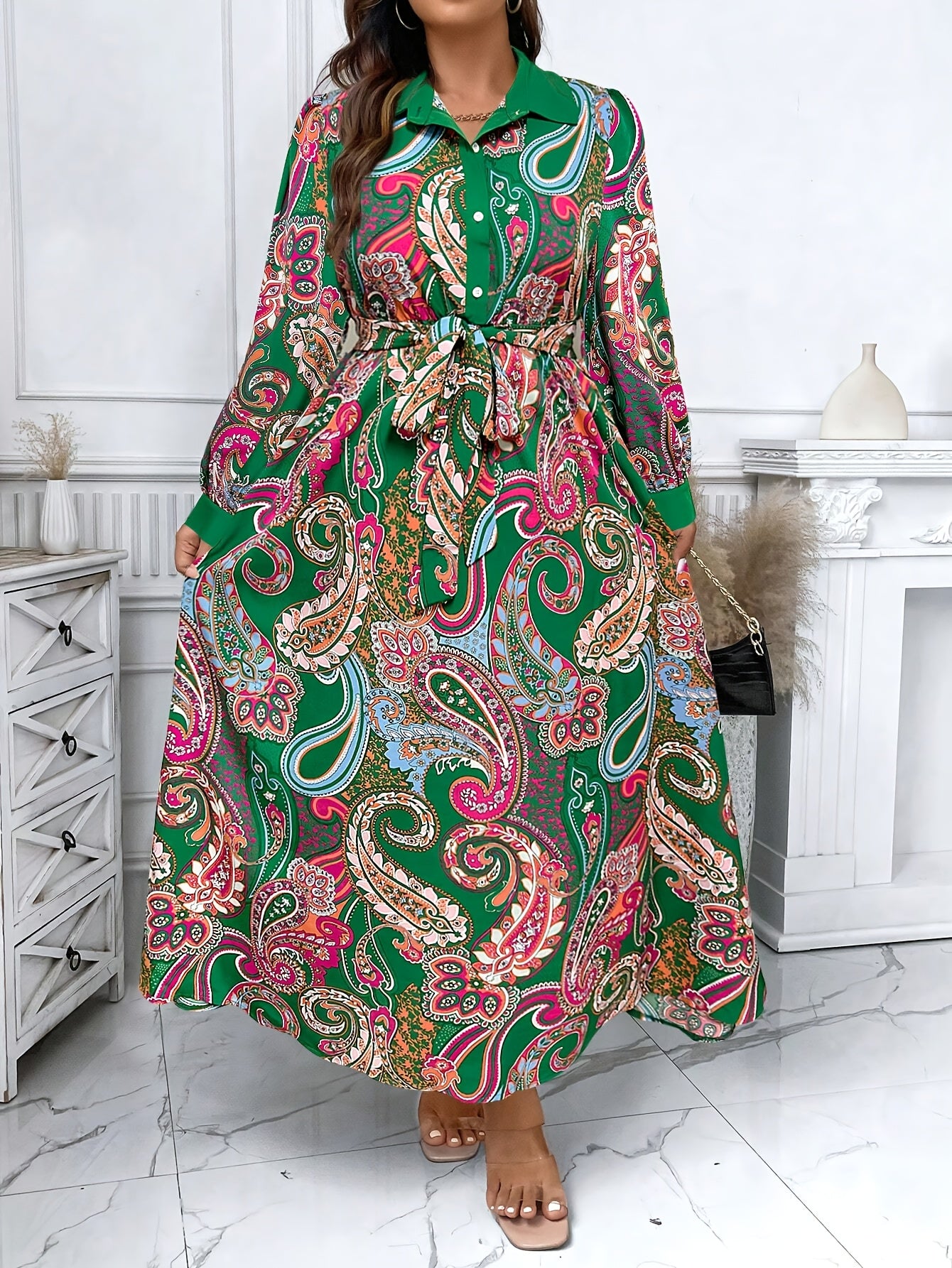 Paisley Print Button-Front Wrap Dress — Timeless Pattern, Effortlessly Draped