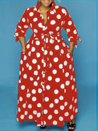 Pois Belted Maxi Dress — Collared Charm, Polka Dot Precision, Floor-Length Poise
