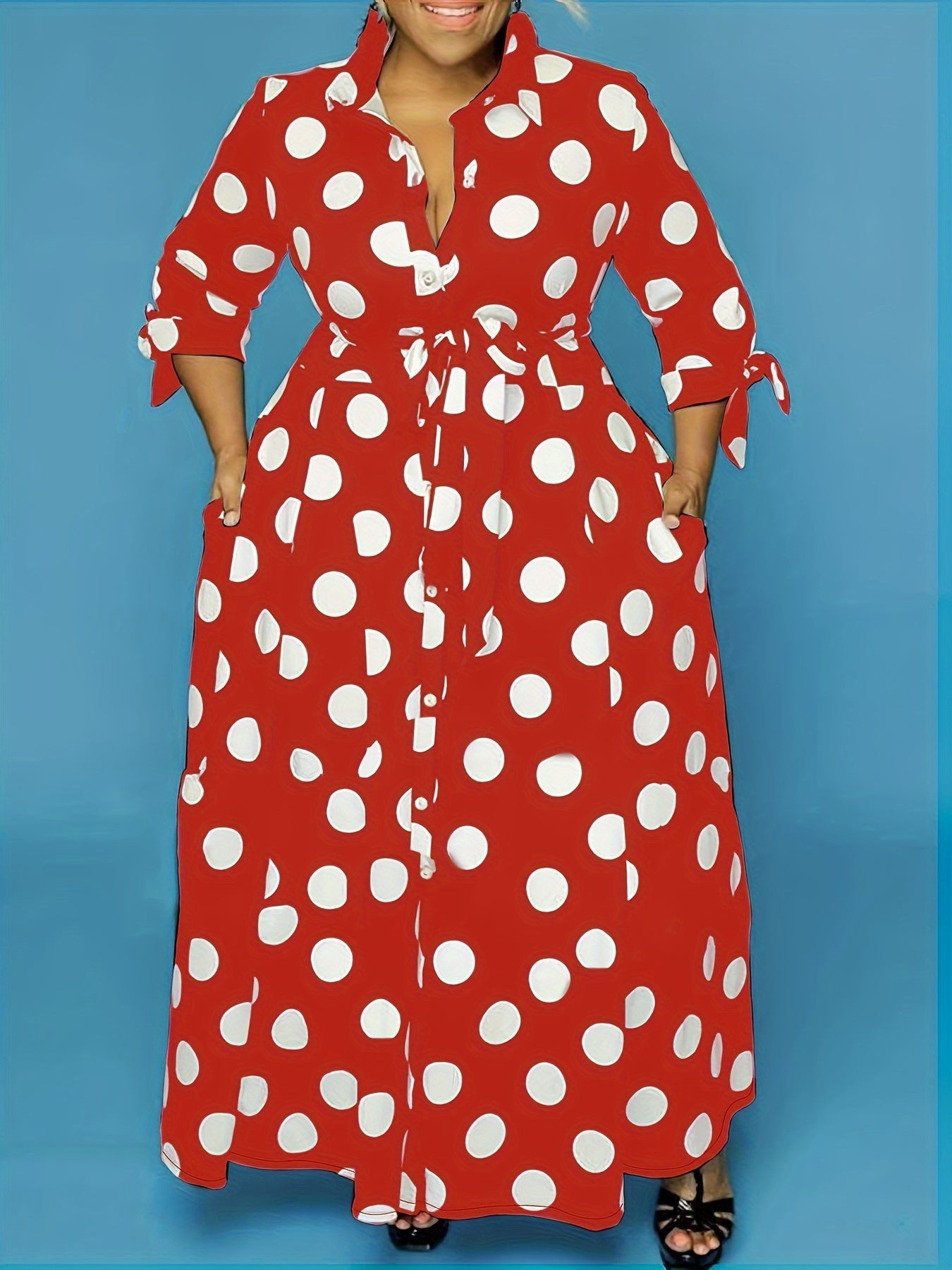 Pois Belted Maxi Dress — Collared Charm, Polka Dot Precision, Floor-Length Poise