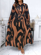 Geometric Beige Belted Shirt Dress — Long Sleeve Structure, Floor-Length Refinement