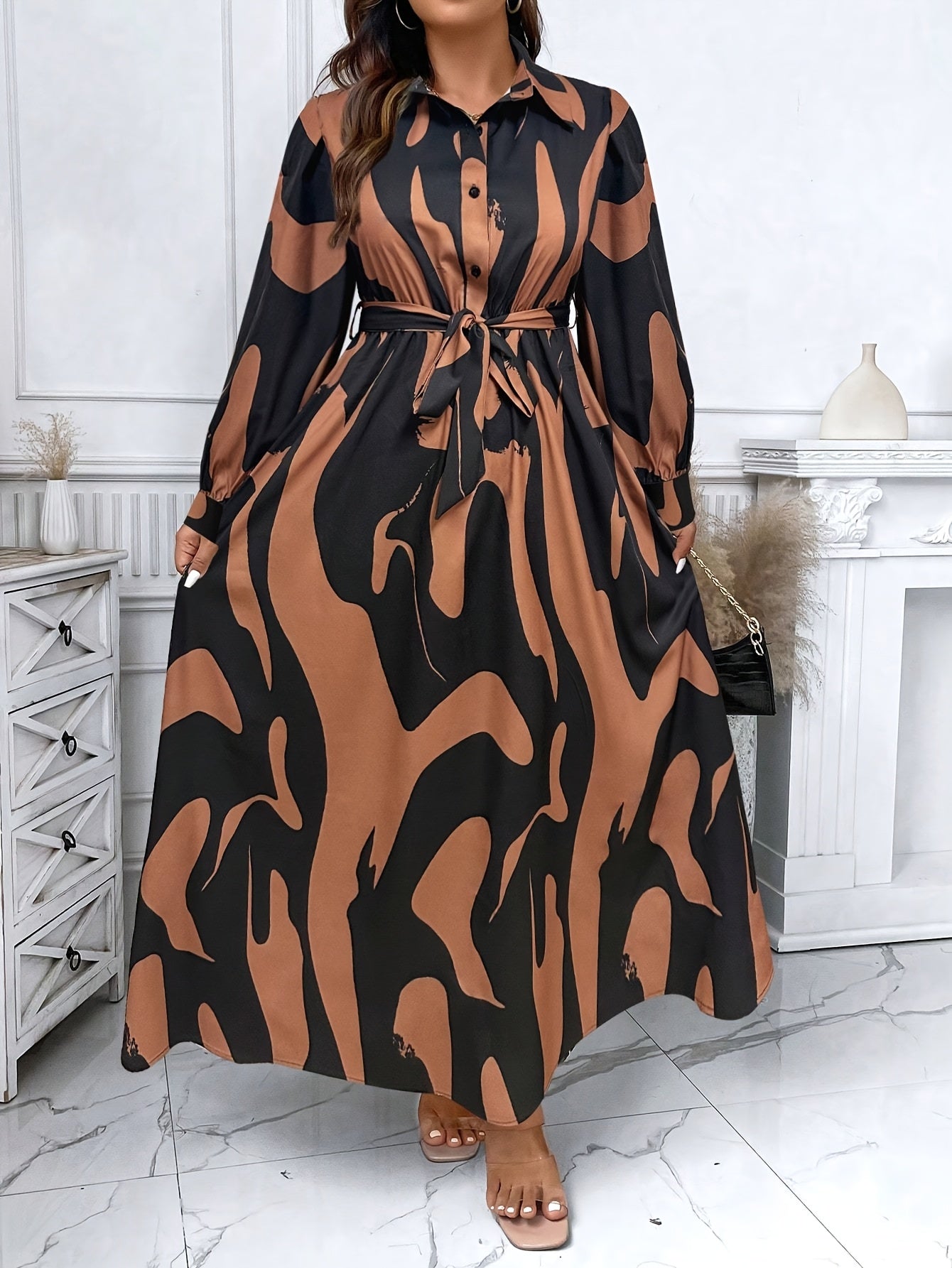 Geometric Beige Belted Shirt Dress — Long Sleeve Structure, Floor-Length Refinement