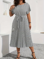 Printed Pencil-Skirt Midi Dress — Round Neck Refinement, Office-Ready Chic
