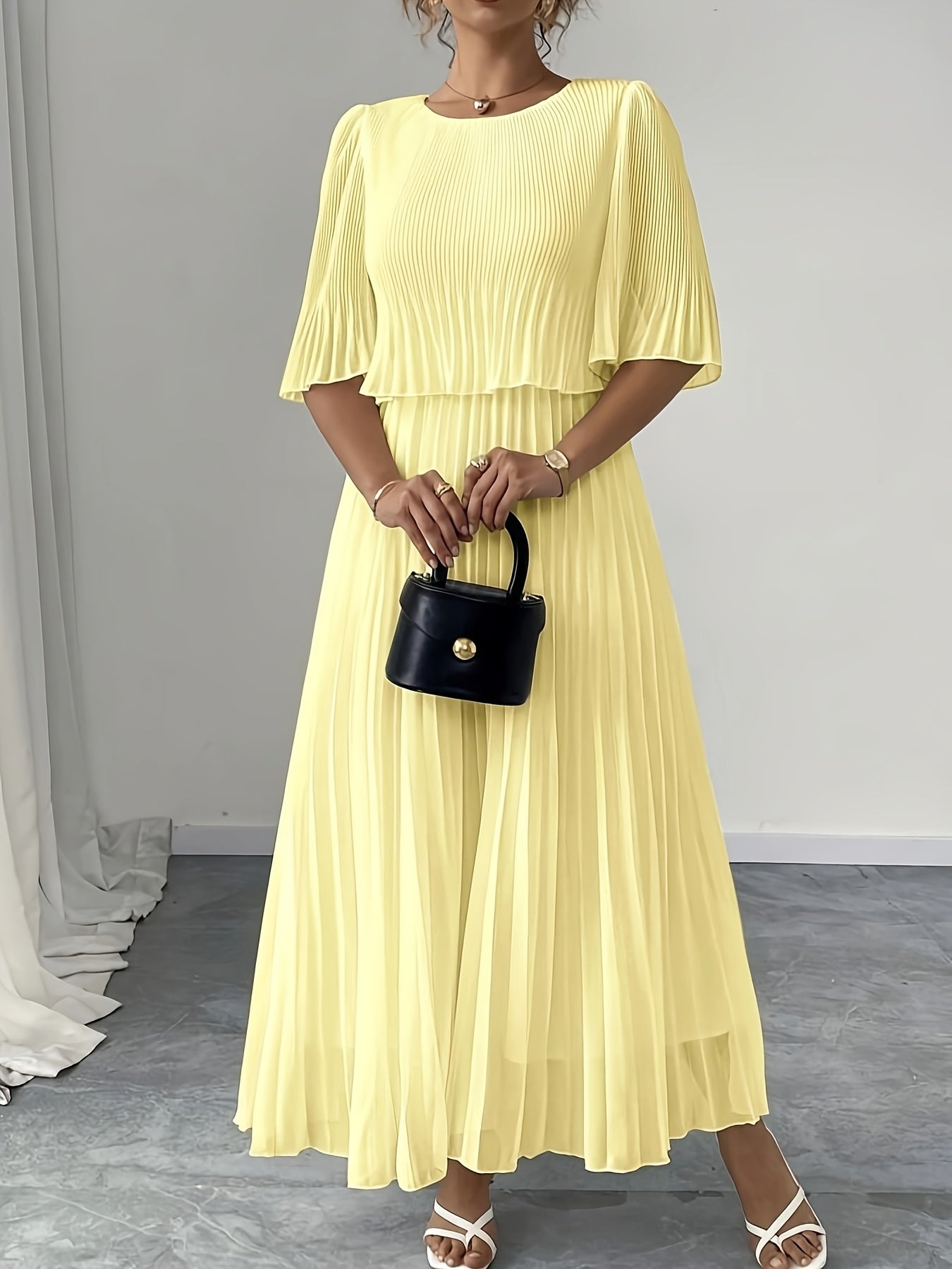 Cascade Blue Pleated Midi Dress — Flowing Formal Grace in Non-Stretch Perfection