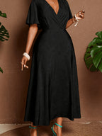 Solid Fitted-Bodice Flowy V-Neck Maxi Dress — Graceful Structure, Occasion-Ready Elegance