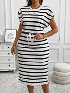 Rigato Tie-Belt Striped Maxi Dress — Cinched Waist, Long Lines, Quiet Command