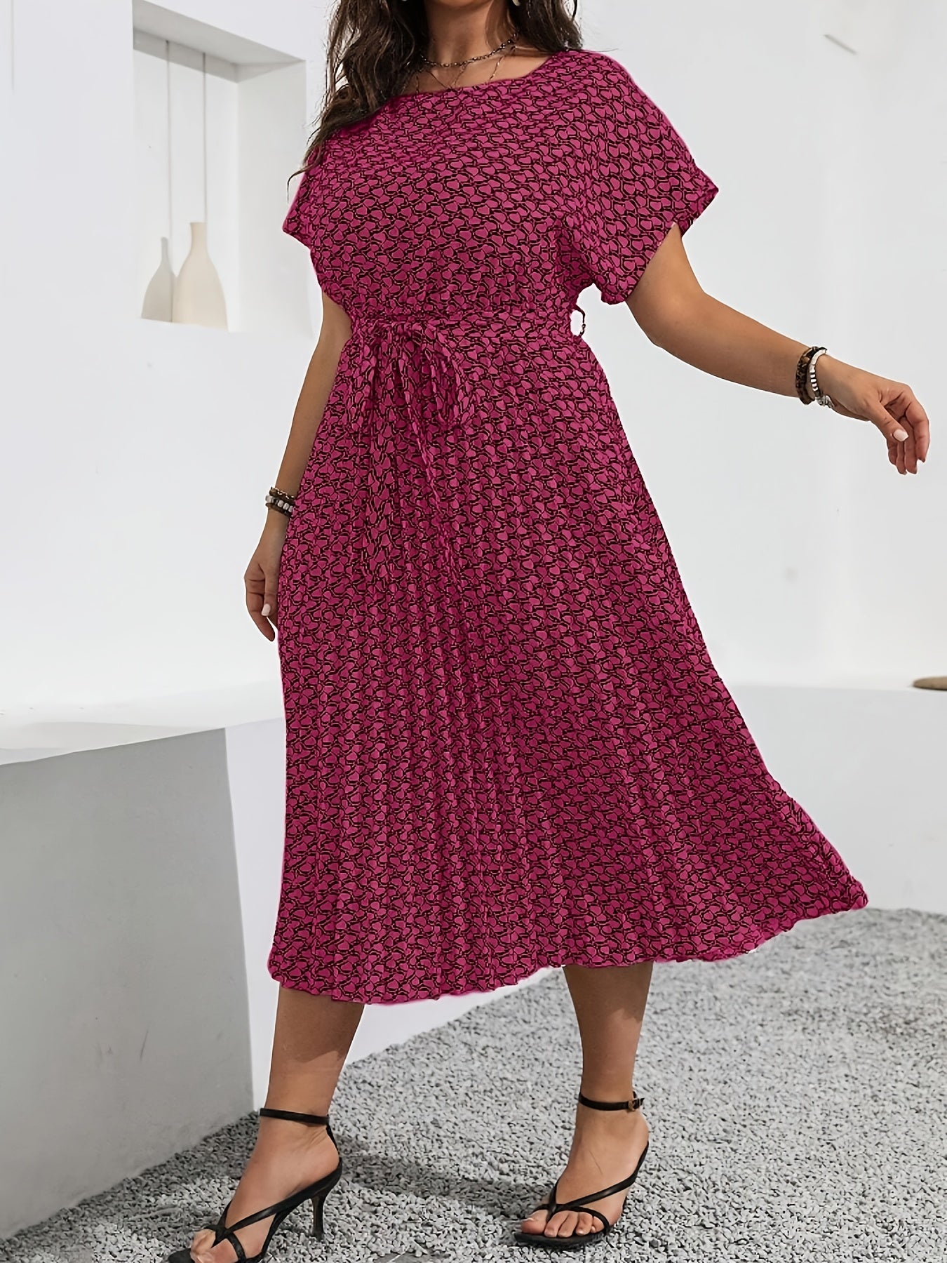 Printed Pencil-Skirt Midi Dress — Round Neck Refinement, Office-Ready Chic