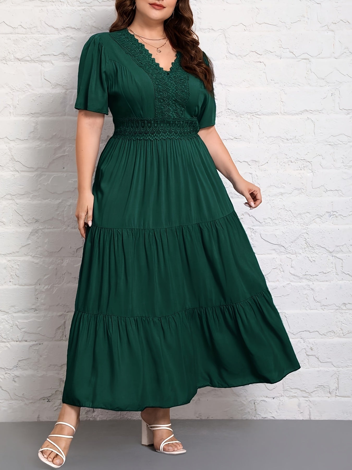 Plus Size Emerald Lace — A Line Dress with Flattering V - Neckline