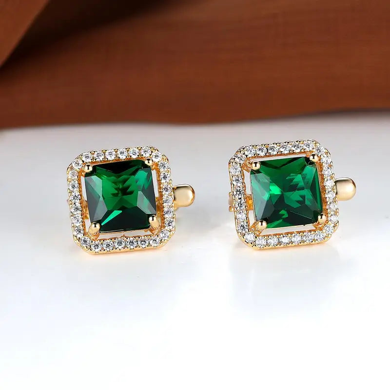 Golden Green Square Cubic Zirconia Earrings | Gold