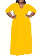 Vibrant Orange Belted A-Line Maxi Dress — 3/4 Sleeve Elegance, Floor-Length Confidence