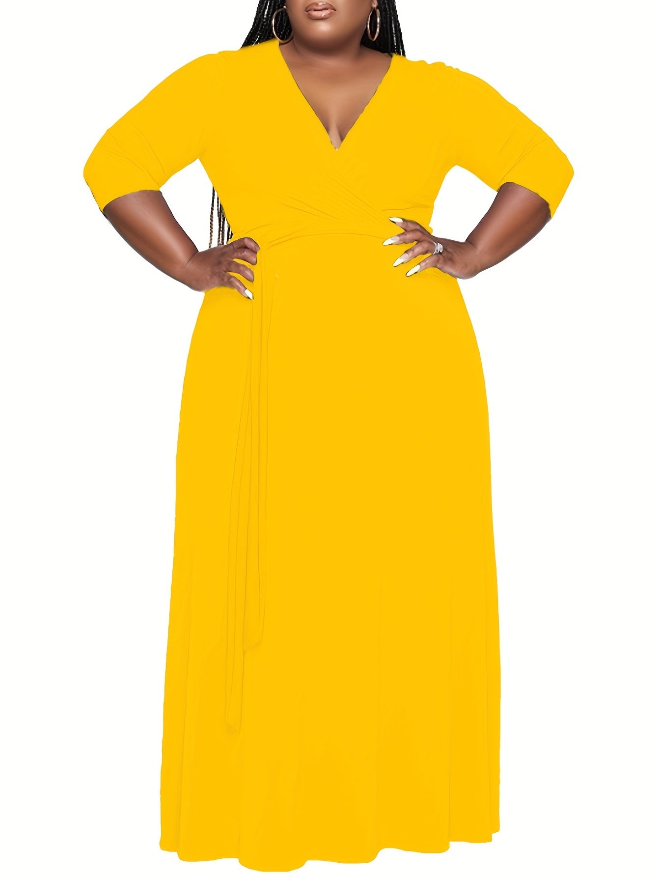 Vibrant Orange Belted A-Line Maxi Dress — 3/4 Sleeve Elegance, Floor-Length Confidence