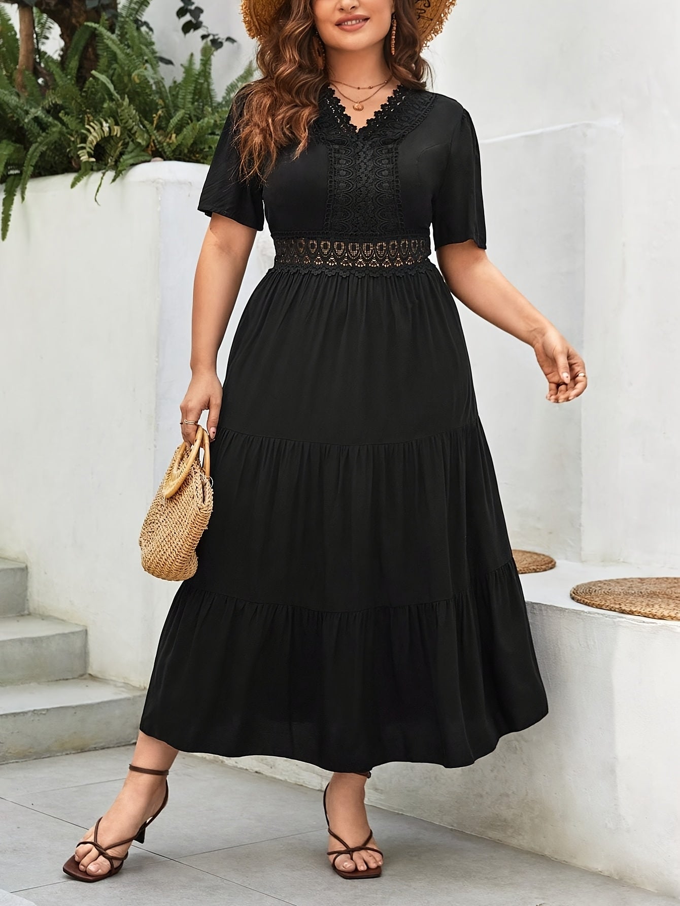 Plus Size Emerald Lace — A Line Dress with Flattering V - Neckline