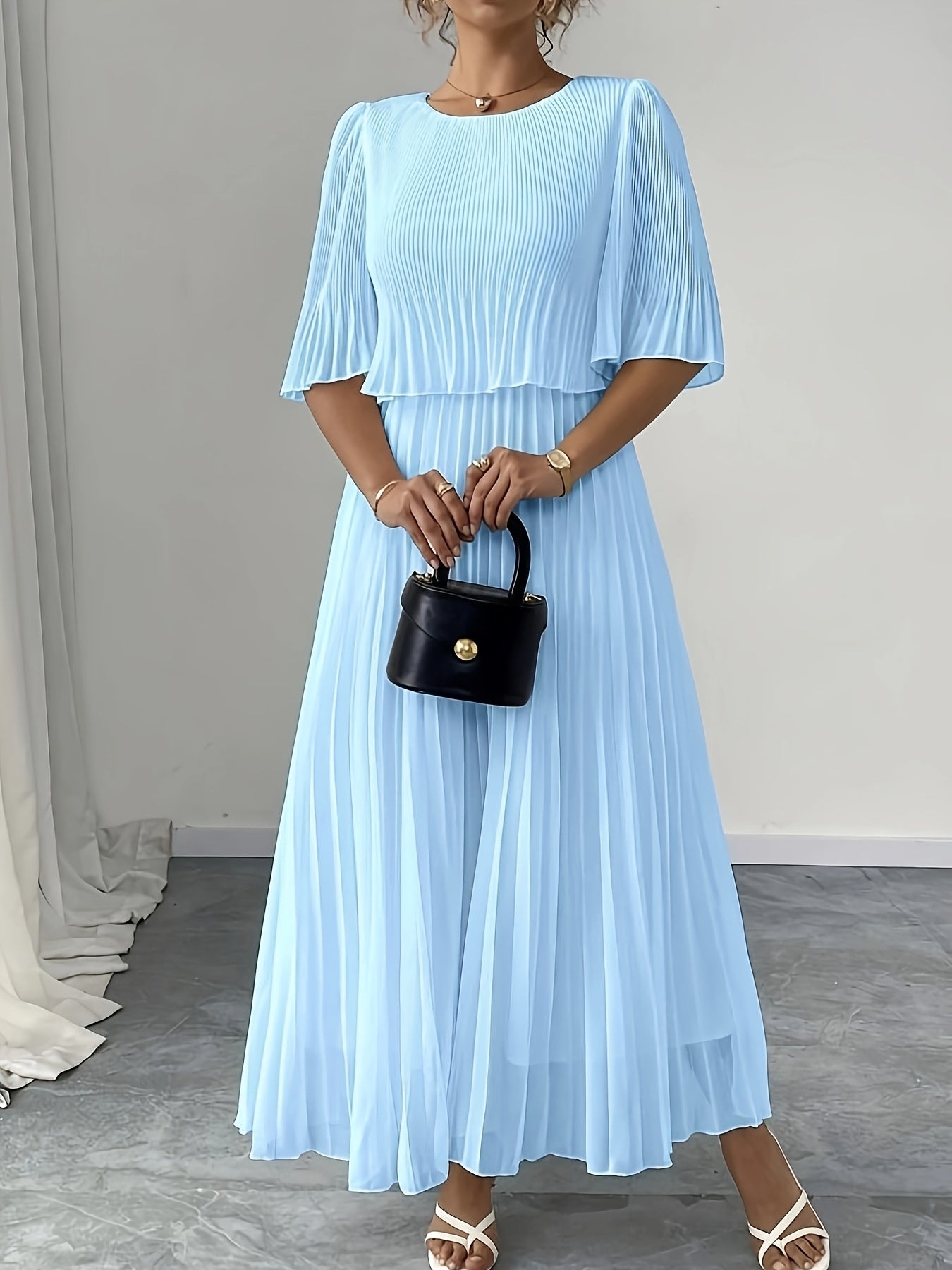 Cascade Blue Pleated Midi Dress — Flowing Formal Grace in Non-Stretch Perfection