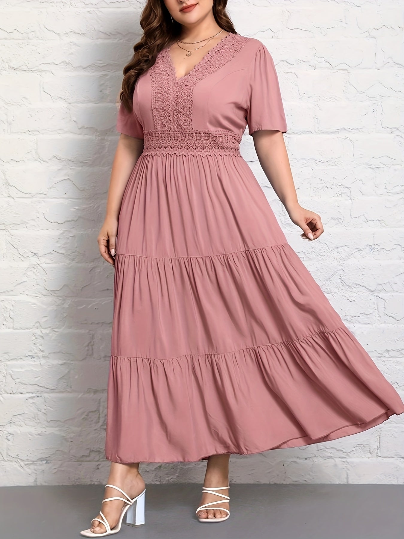 Plus Size Emerald Lace — A Line Dress with Flattering V - Neckline