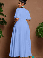 Solid Fitted-Bodice Flowy V-Neck Maxi Dress — Graceful Structure, Occasion-Ready Elegance