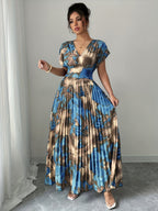Blue & Gold Pleated V-Neck Flowy Maxi Dress — Elegant Movement, Vacation-Ready Radiance