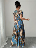 Blue & Gold Pleated V-Neck Flowy Maxi Dress — Elegant Movement, Vacation-Ready Radiance