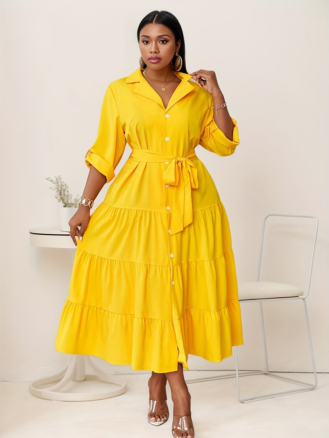 Plus Size Fit-and-Flare Tie-Waist Dress — Long-Sleeve Elegance That Moves With You