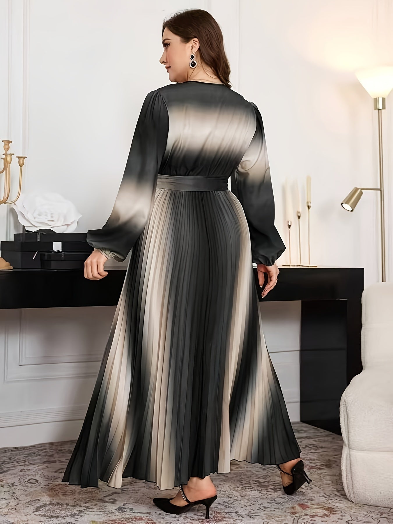Gradient Lantern-Sleeve Tie-Waist A-Line Maxi Dress — Flowy Drama, Effortlessly Elevated