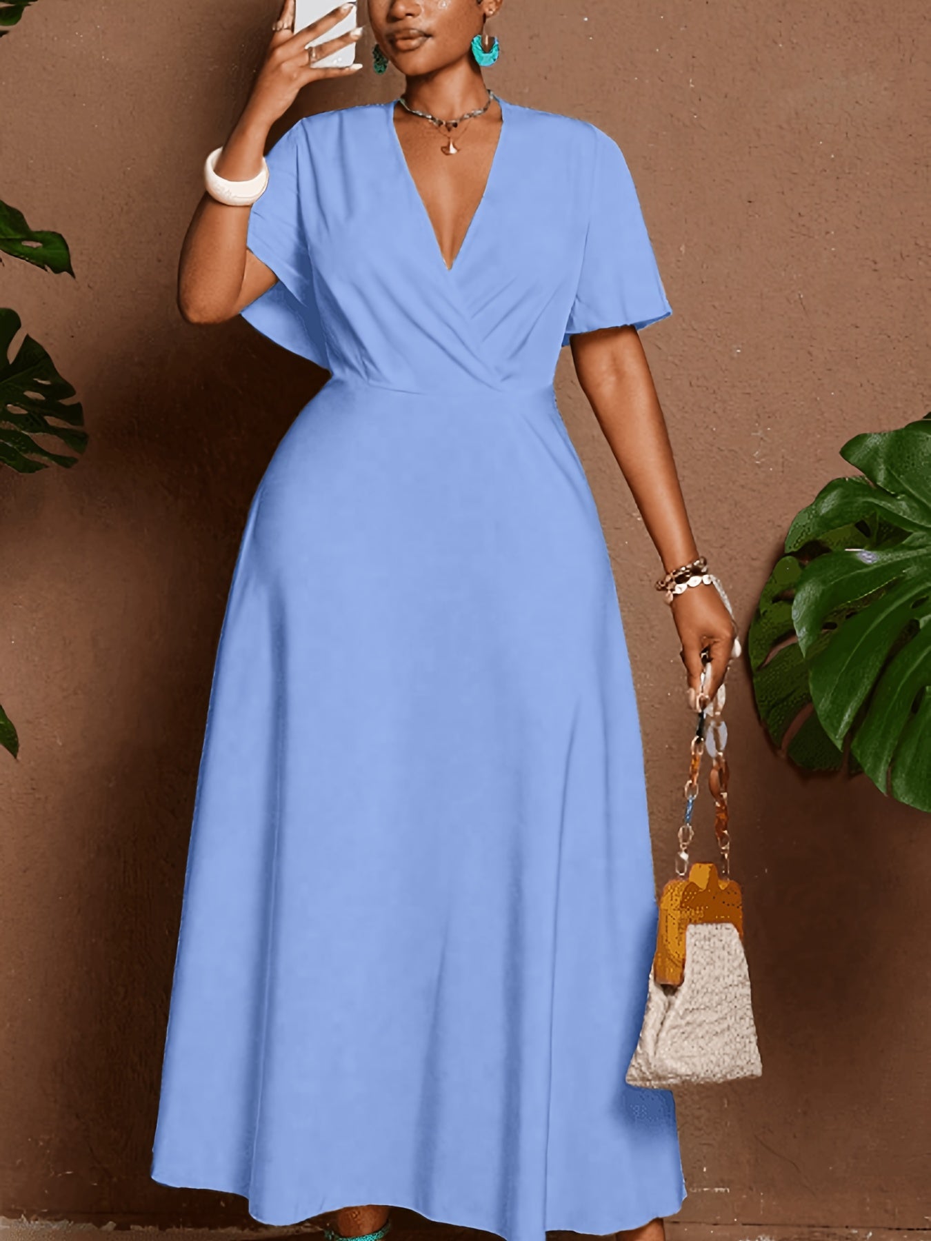 Solid Fitted-Bodice Flowy V-Neck Maxi Dress — Graceful Structure, Occasion-Ready Elegance