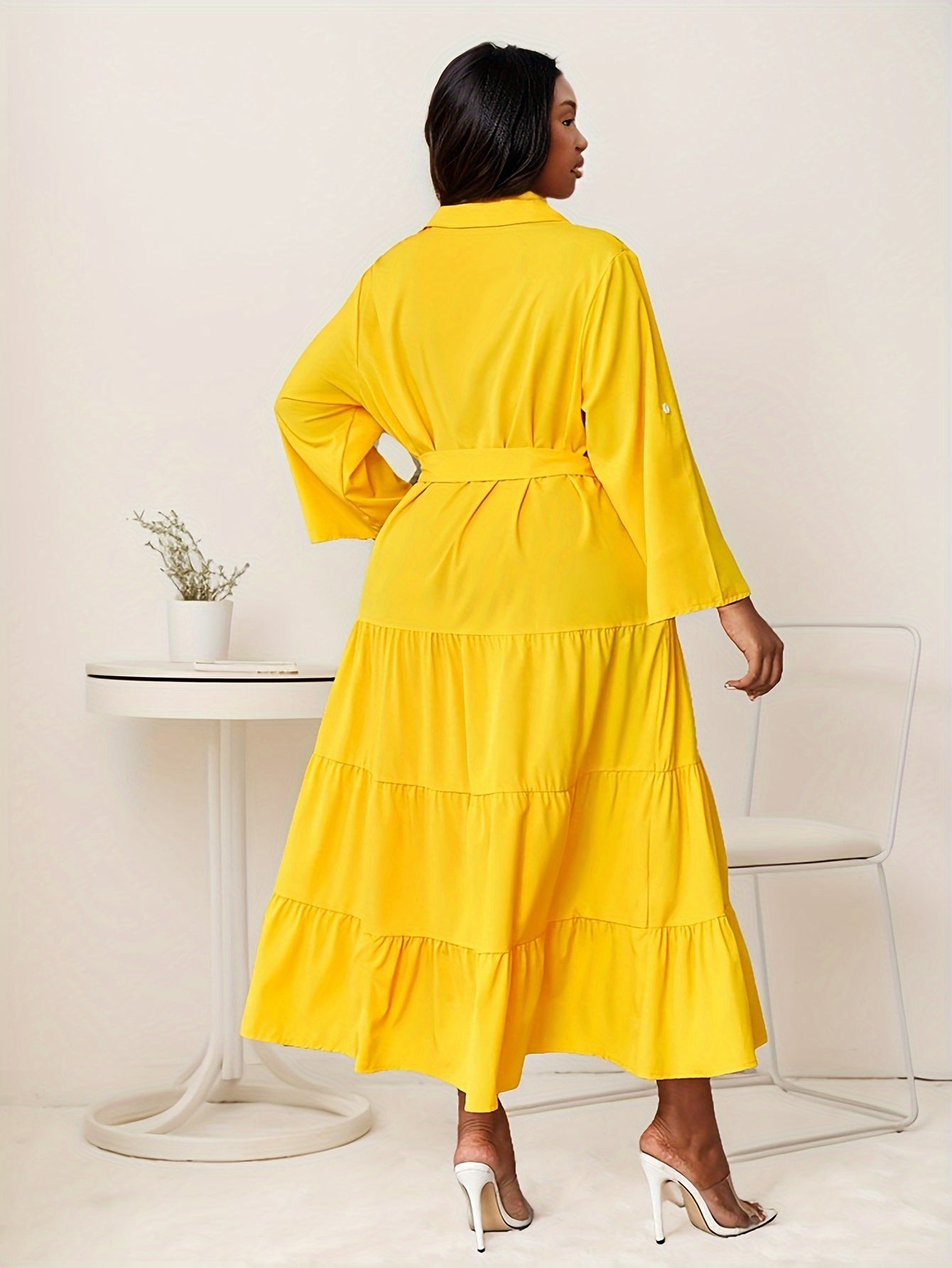 Plus Size Fit-and-Flare Tie-Waist Dress — Long-Sleeve Elegance That Moves With You