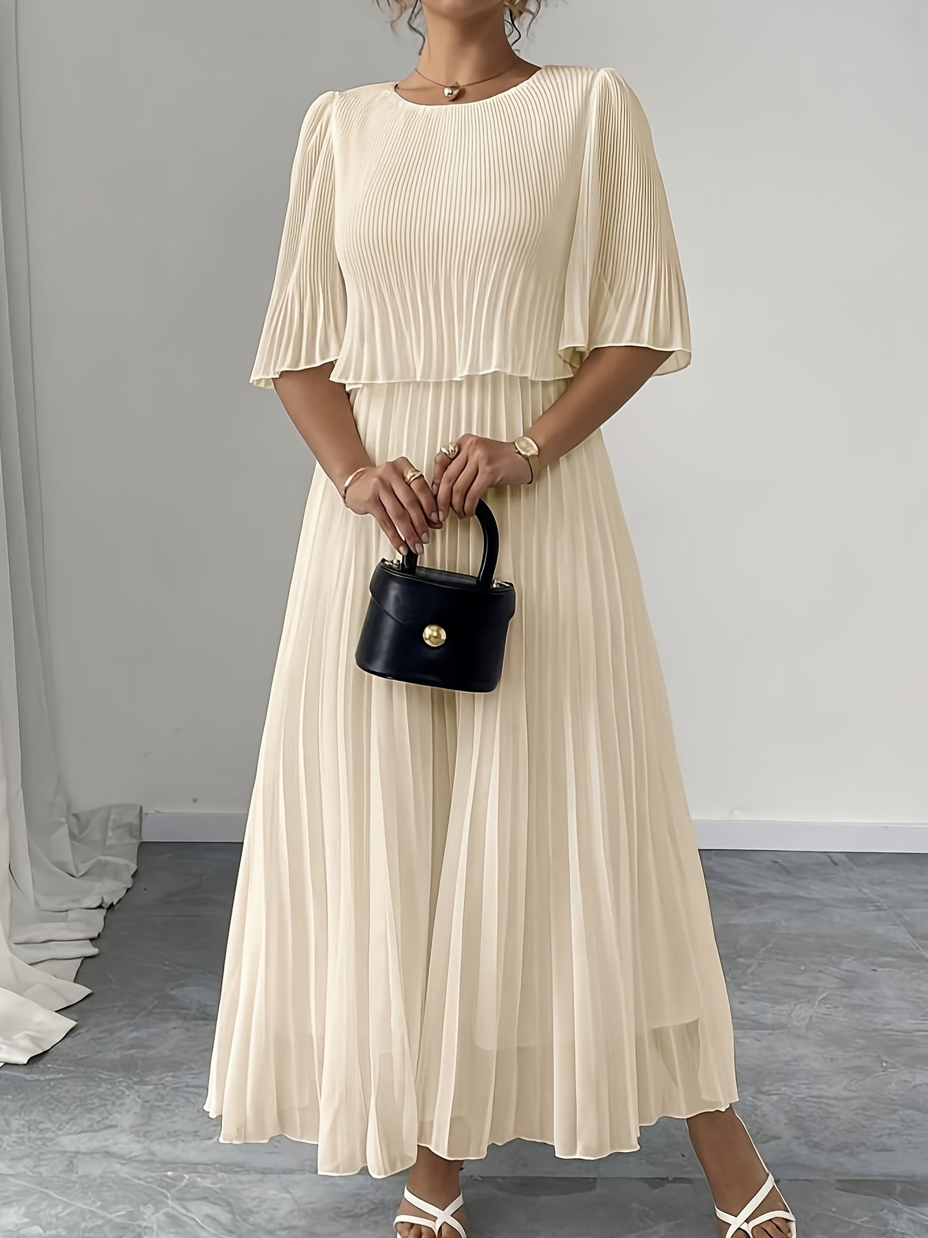 Cascade Blue Pleated Midi Dress — Flowing Formal Grace in Non-Stretch Perfection