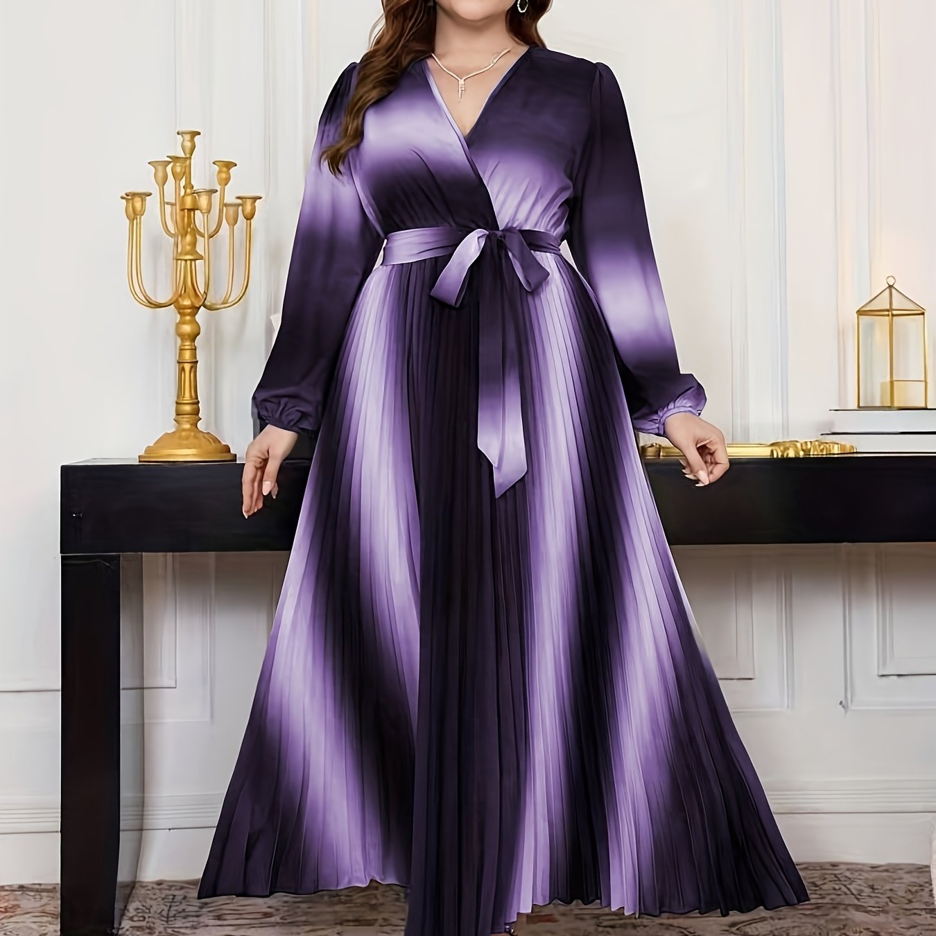 Gradient Lantern-Sleeve Tie-Waist A-Line Maxi Dress — Flowy Drama, Effortlessly Elevated