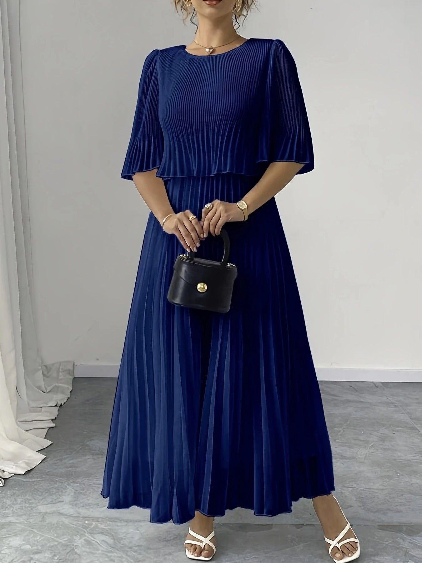 Cascade Blue Pleated Midi Dress — Flowing Formal Grace in Non-Stretch Perfection