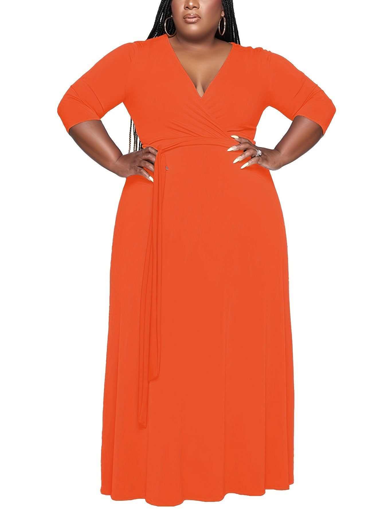 Vibrant Orange Belted A-Line Maxi Dress — 3/4 Sleeve Elegance, Floor-Length Confidence