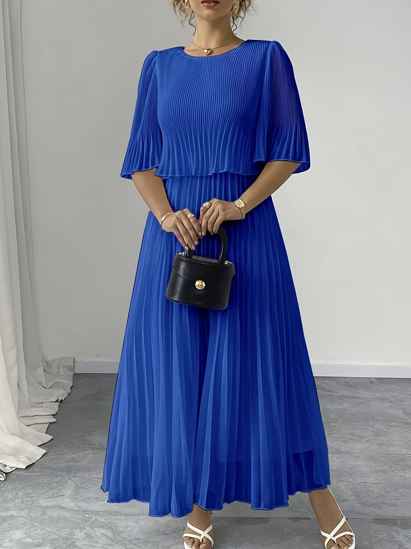 Cascade Blue Pleated Midi Dress — Flowing Formal Grace in Non-Stretch Perfection