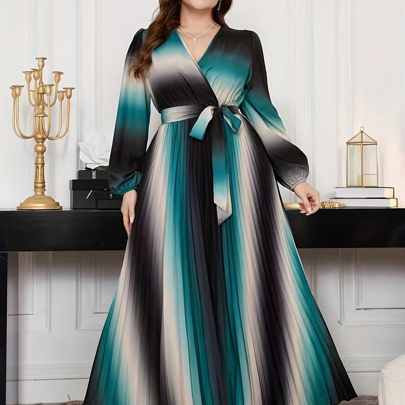 Gradient Lantern-Sleeve Tie-Waist A-Line Maxi Dress — Flowy Drama, Effortlessly Elevated