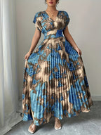 Blue & Gold Pleated V-Neck Flowy Maxi Dress — Elegant Movement, Vacation-Ready Radiance