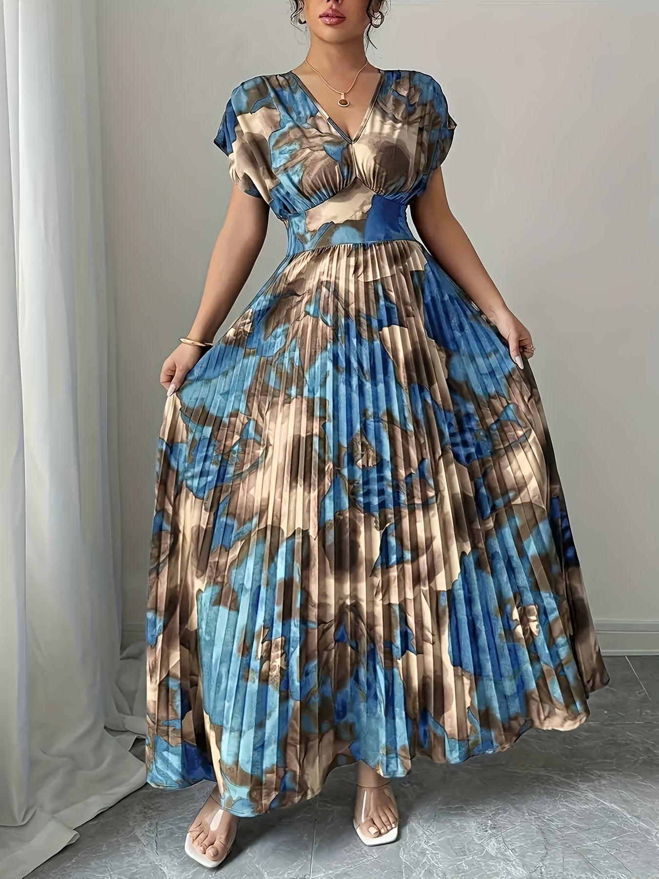 Blue & Gold Pleated V-Neck Flowy Maxi Dress — Elegant Movement, Vacation-Ready Radiance