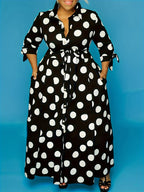 Pois Belted Maxi Dress — Collared Charm, Polka Dot Precision, Floor-Length Poise