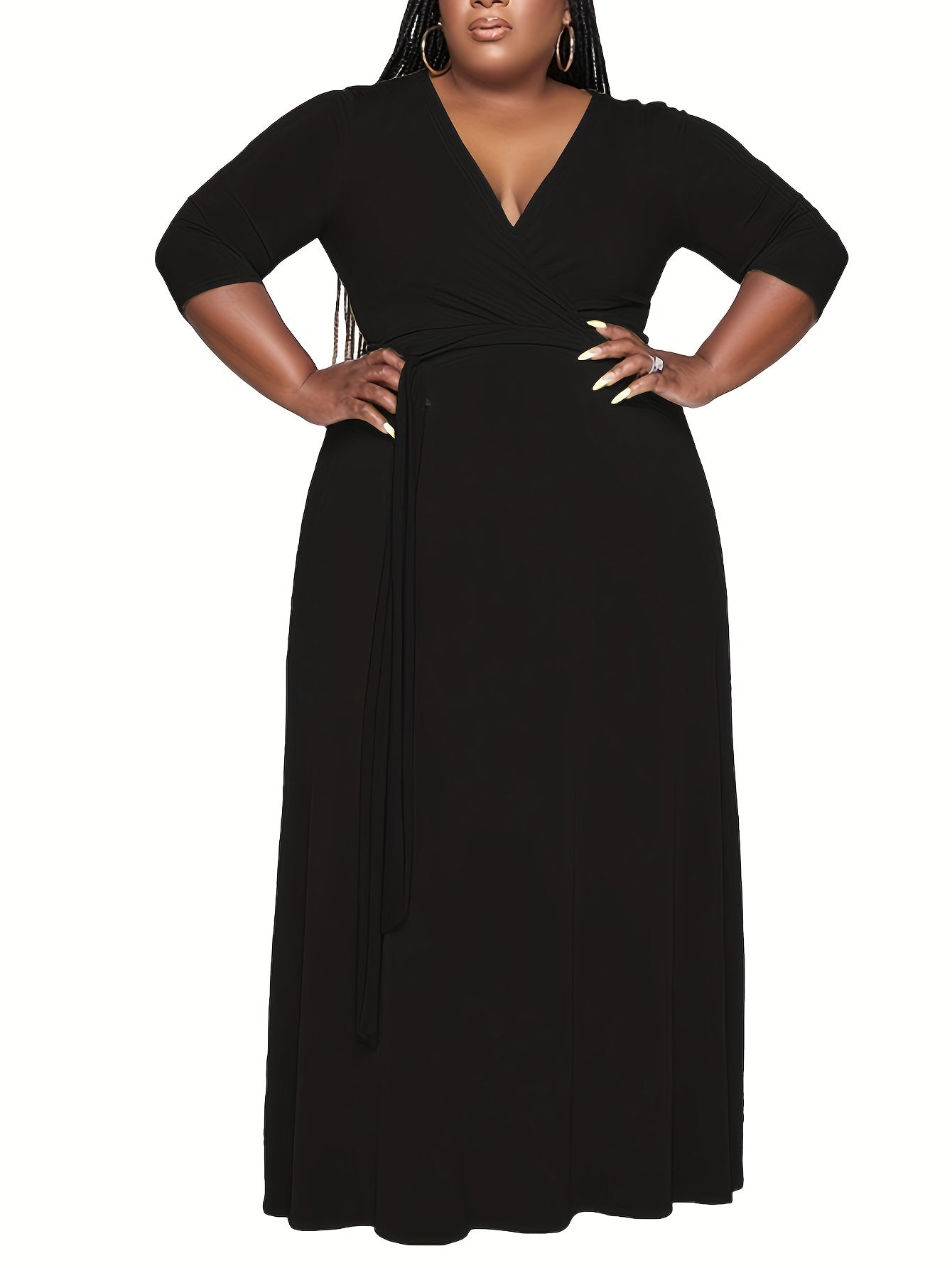 Vibrant Orange Belted A-Line Maxi Dress — 3/4 Sleeve Elegance, Floor-Length Confidence