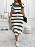 Rigato Tie-Belt Striped Maxi Dress — Cinched Waist, Long Lines, Quiet Command