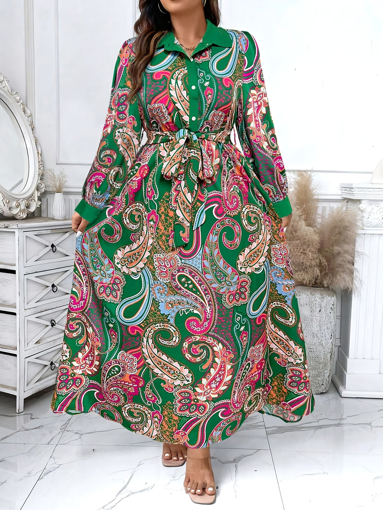 Paisley Print Button-Front Wrap Dress — Timeless Pattern, Effortlessly Draped