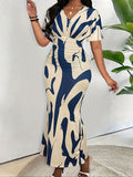 Azura V-Neck Geometric Bodycon Dress — Stretch-Ease Elegance in Blue & White