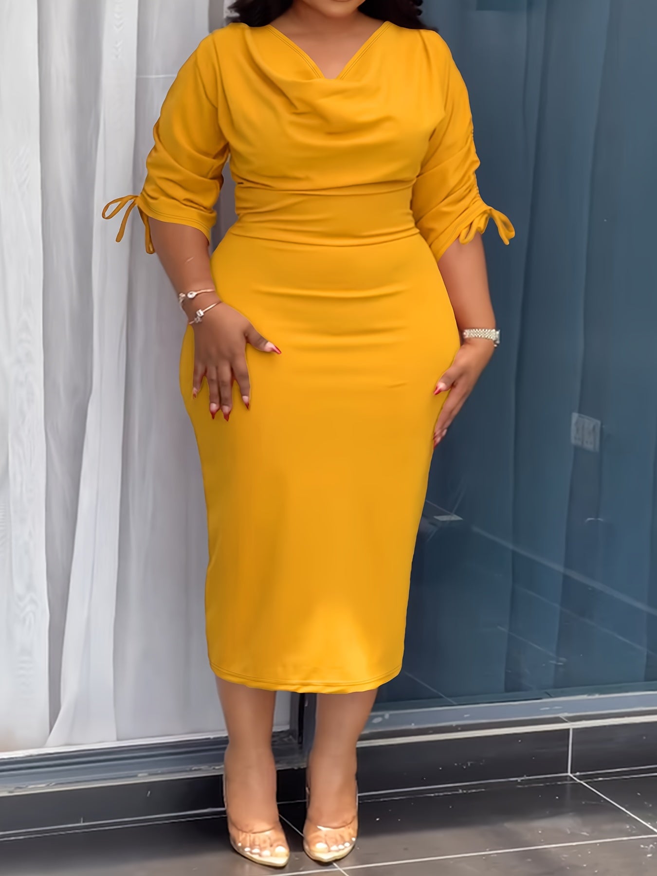 Cowl Neck Sheath Dress — Sculpted Ease, Understated Authority