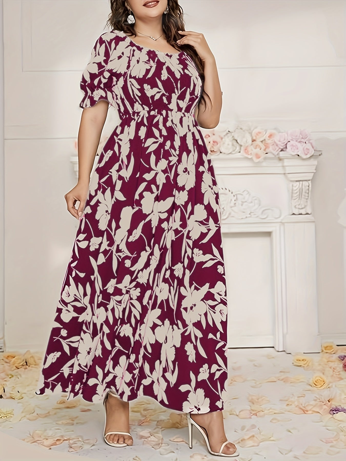 Maroon & White Floral A-Line Floor-Length Gown — Formal Grandeur, Quietly Worn