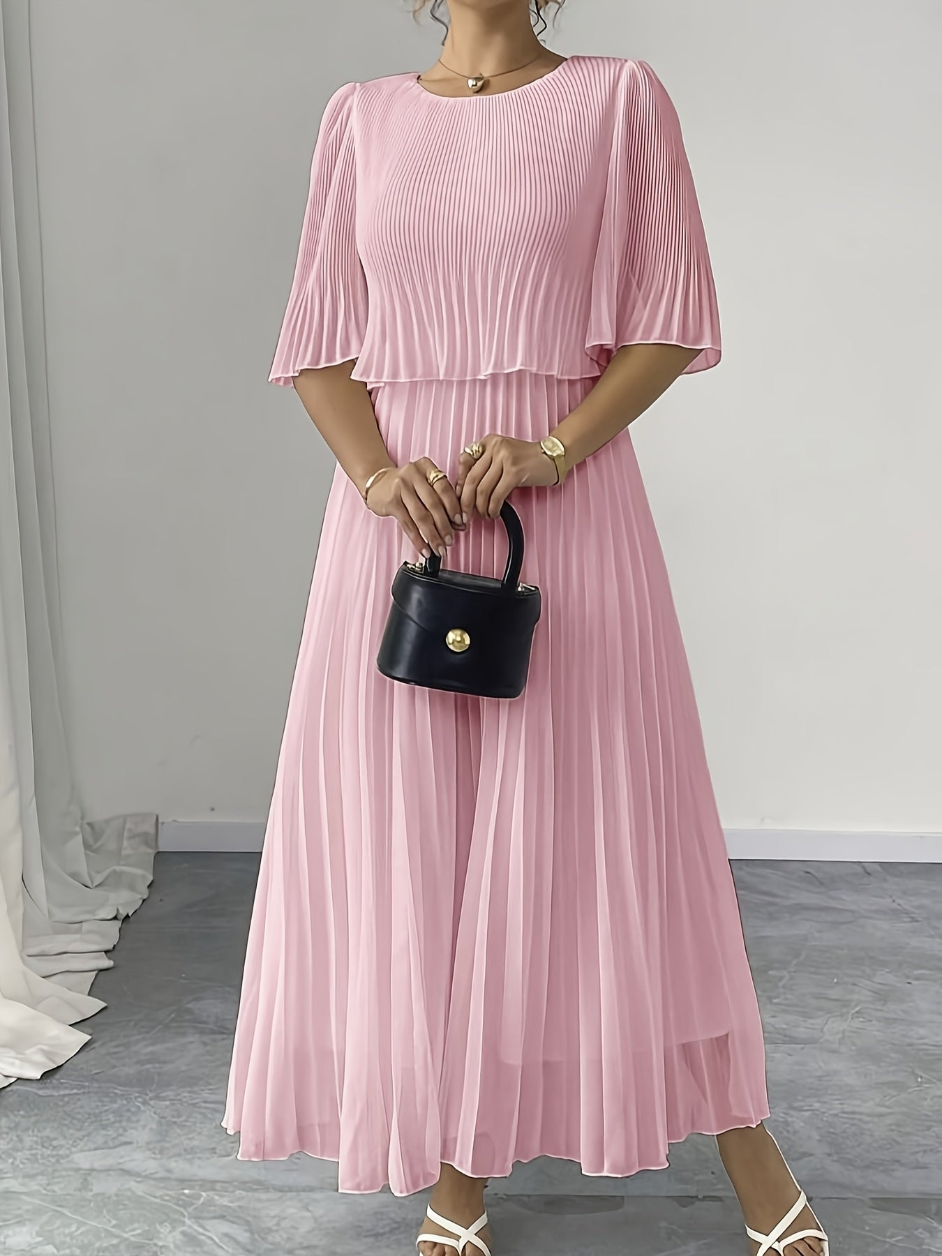 Cascade Blue Pleated Midi Dress — Flowing Formal Grace in Non-Stretch Perfection