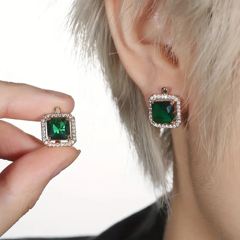 Golden Green Square Cubic Zirconia Earrings | Gold