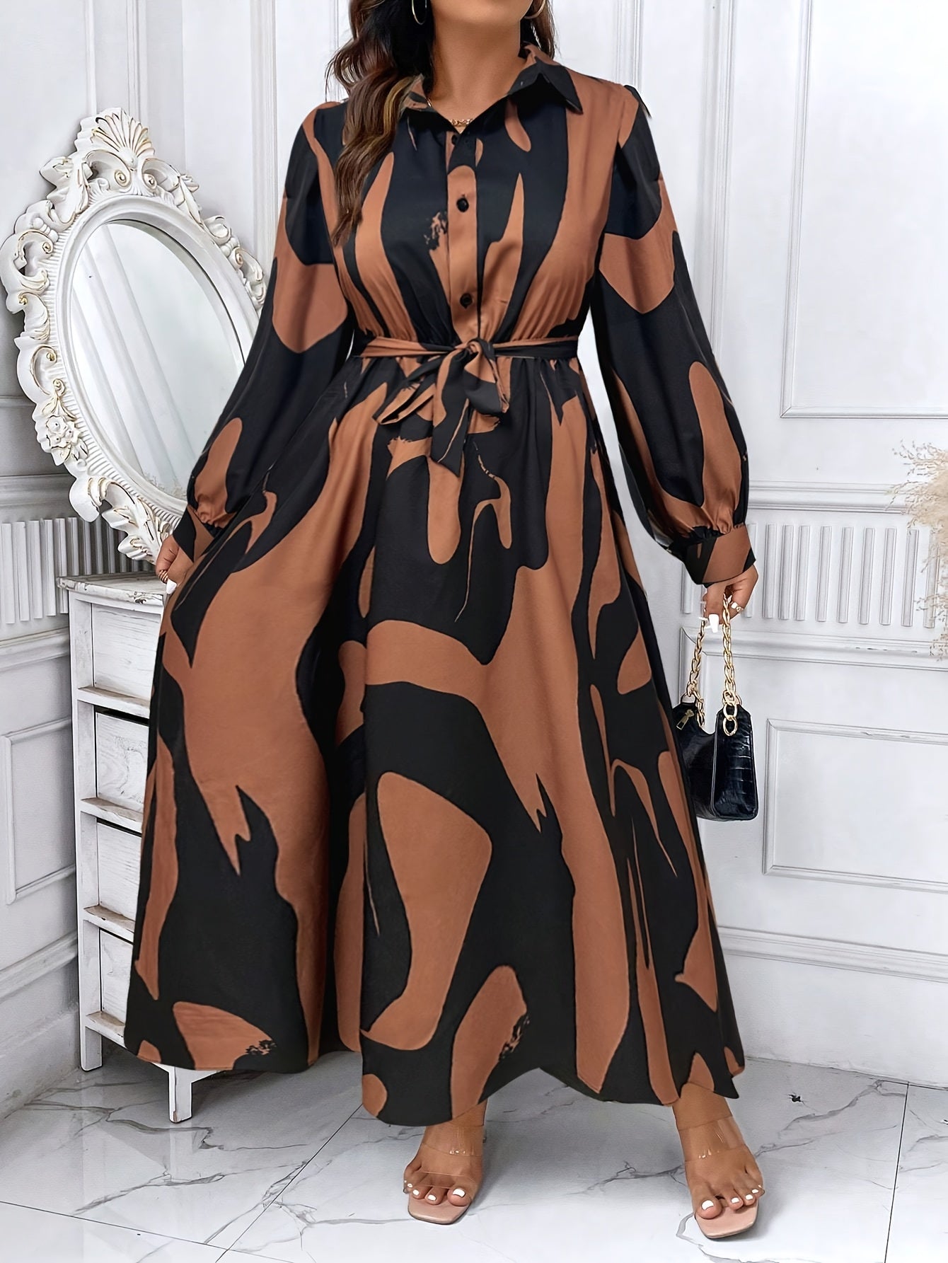 Geometric Beige Belted Shirt Dress — Long Sleeve Structure, Floor-Length Refinement