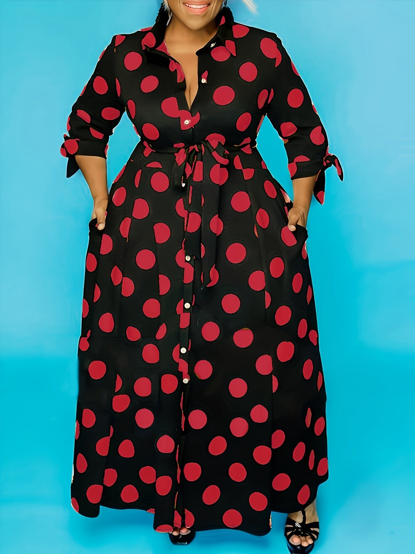 Pois Belted Maxi Dress — Collared Charm, Polka Dot Precision, Floor-Length Poise