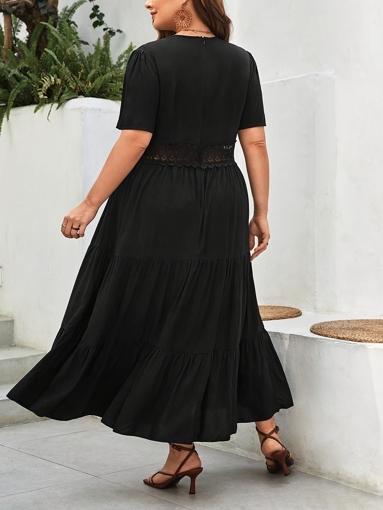 Plus Size Emerald Lace — A Line Dress with Flattering V - Neckline