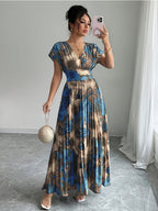 Blue & Gold Pleated V-Neck Flowy Maxi Dress — Elegant Movement, Vacation-Ready Radiance