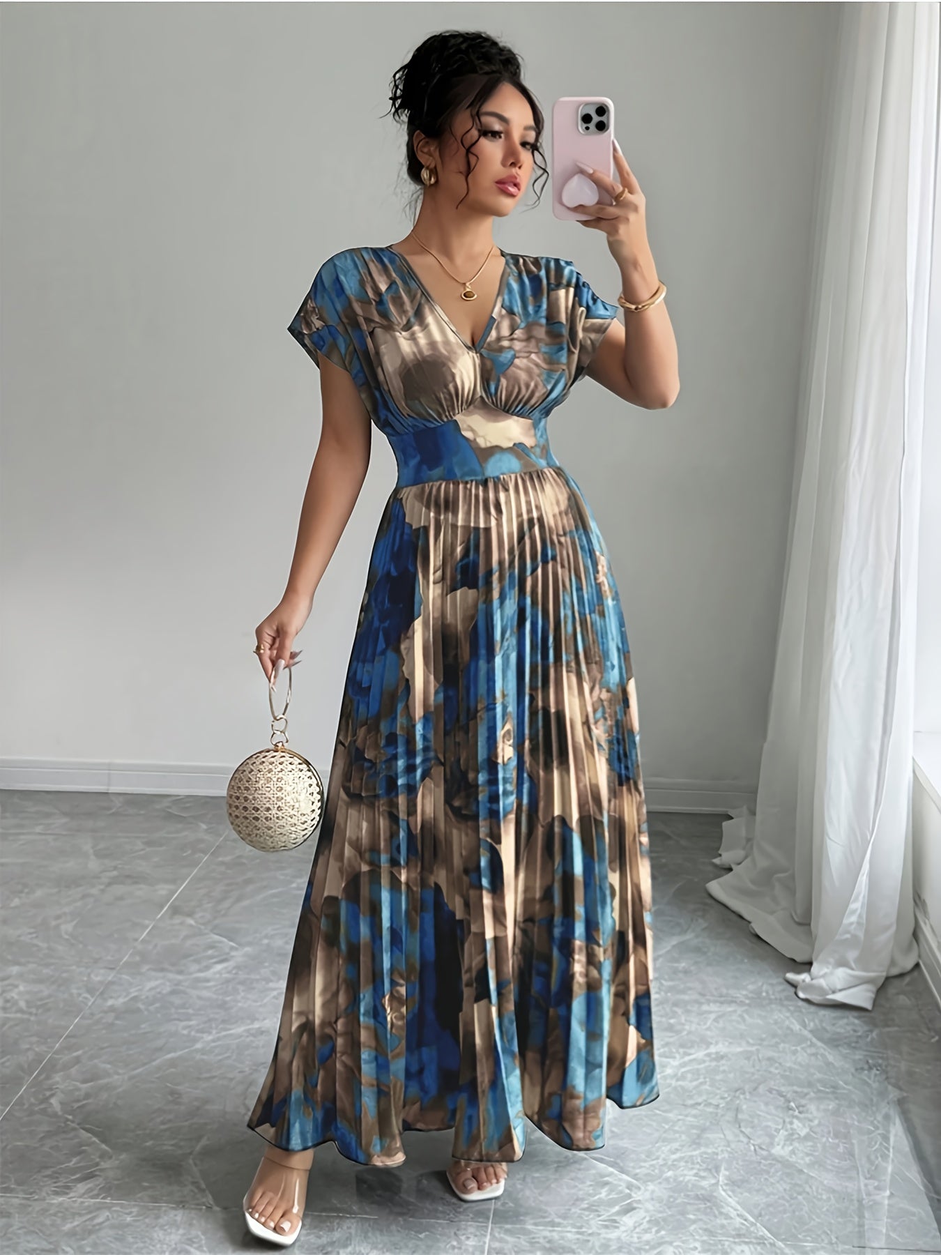 Blue & Gold Pleated V-Neck Flowy Maxi Dress — Elegant Movement, Vacation-Ready Radiance