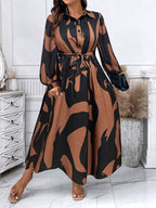 Geometric Beige Belted Shirt Dress — Long Sleeve Structure, Floor-Length Refinement