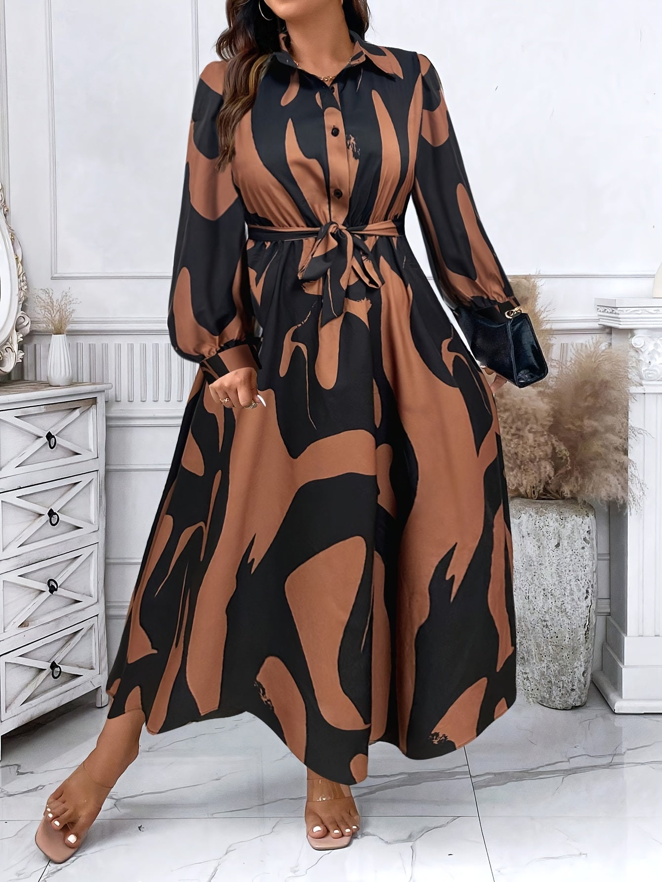 Geometric Beige Belted Shirt Dress — Long Sleeve Structure, Floor-Length Refinement