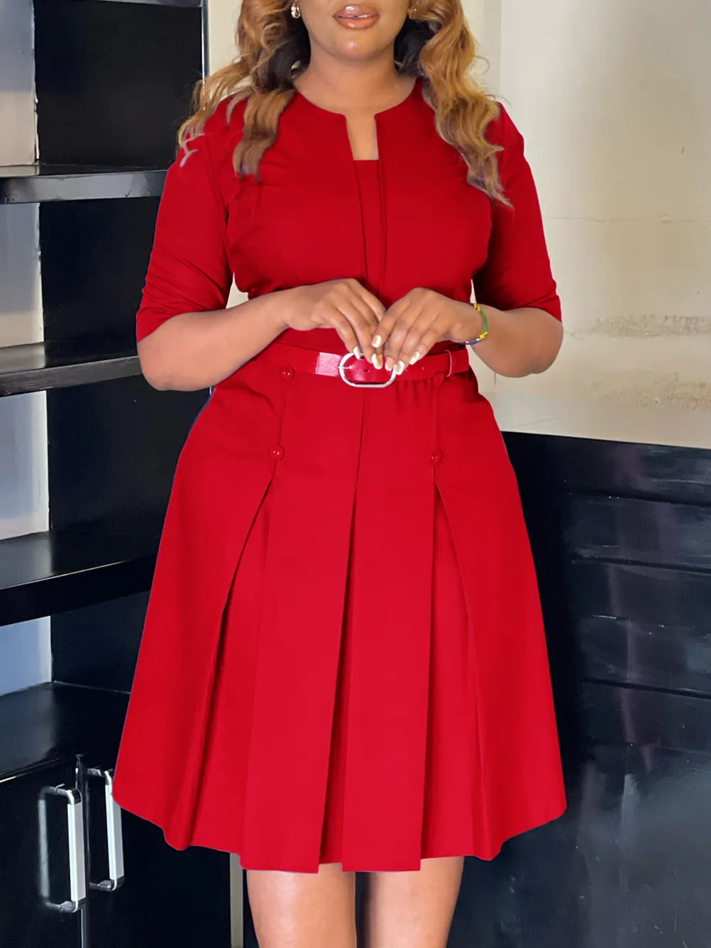 Ruché Belted Midi Dress — Cinched, Gathered, and Effortlessly Composed
